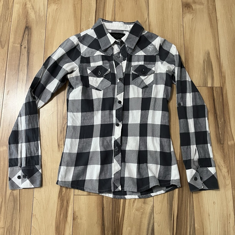 Fox Girls Racing Motocross Plaid Flannel Button Up Shirt Sz XS Black & White